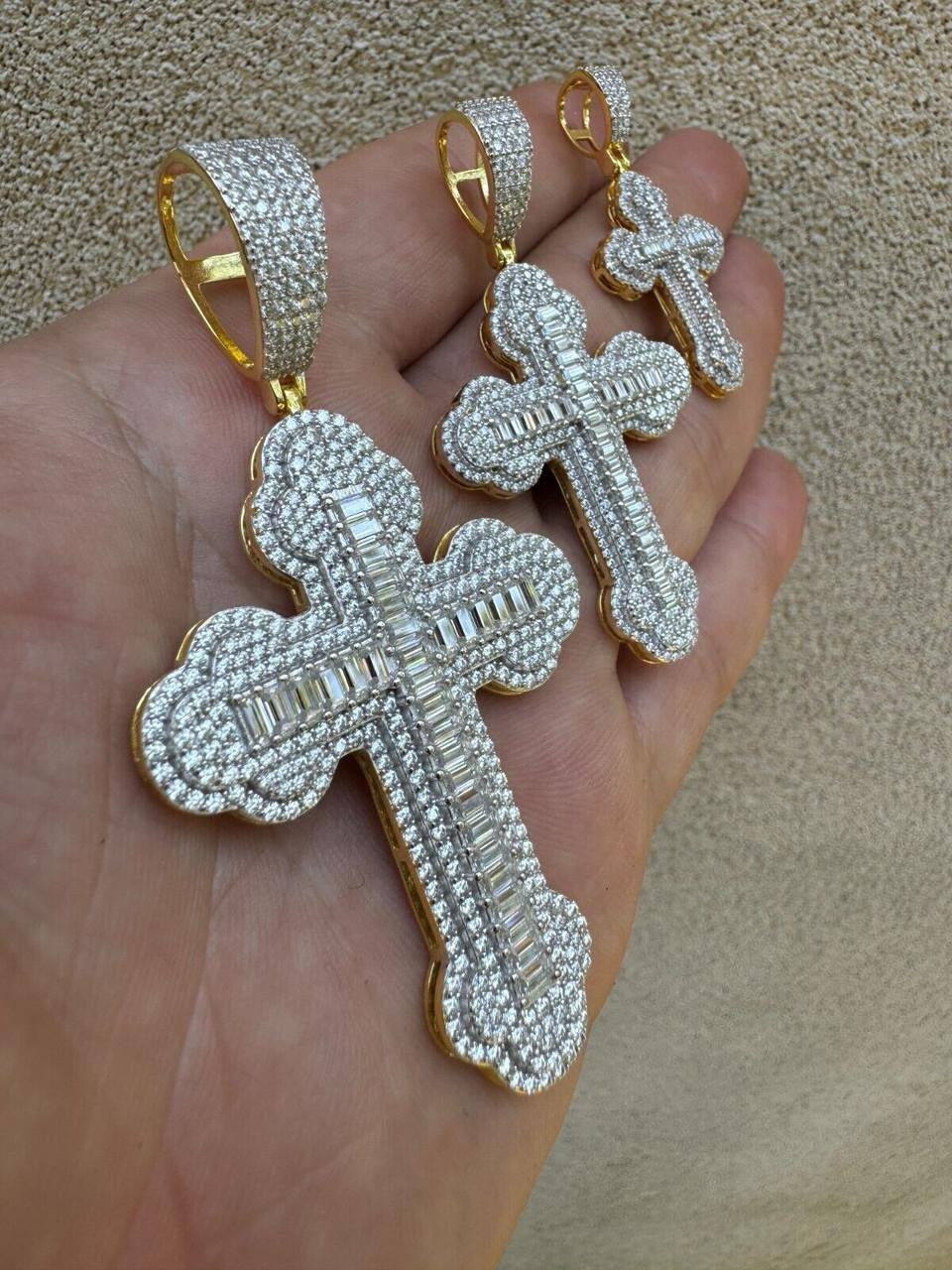 MOISSANITE Baguette Gothic Iced Out Cross Pendant - 14k Gold Vermeil 925 Silver - 3 Sizes 1.5"-3"