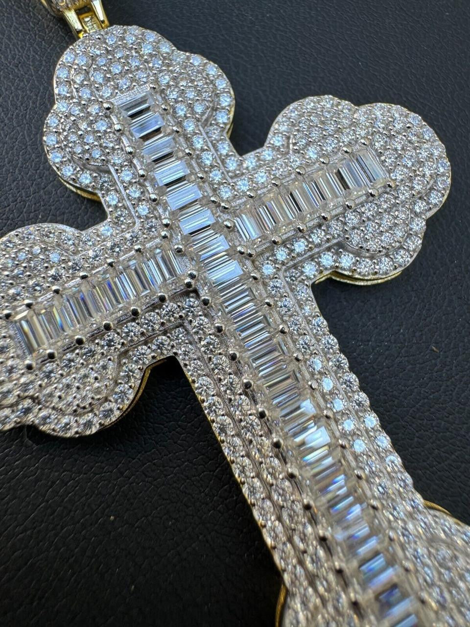 MOISSANITE Baguette Gothic Iced Out Cross Pendant - 14k Gold Vermeil 925 Silver - 3 Sizes 1.5"-3"