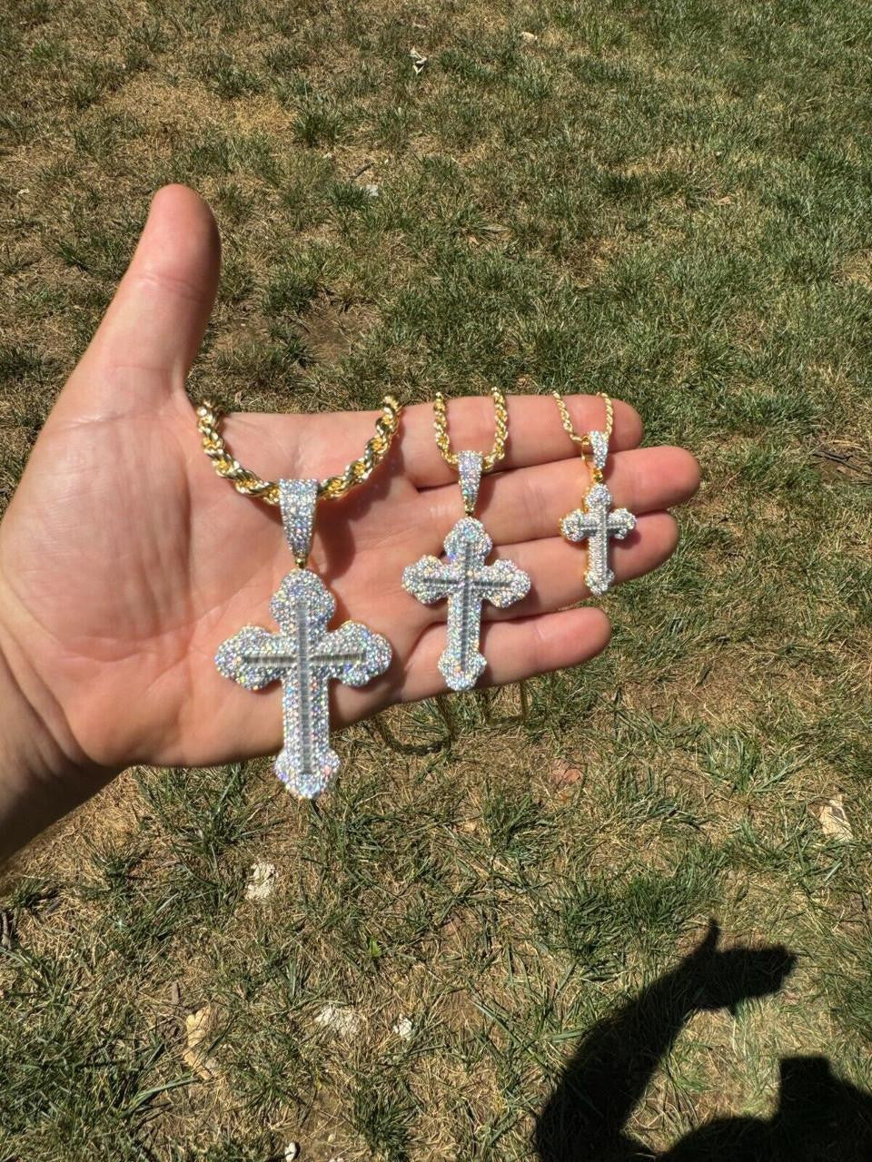 MOISSANITE Baguette Gothic Iced Out Cross Pendant - 14k Gold Vermeil 925 Silver - 3 Sizes 1.5"-3"