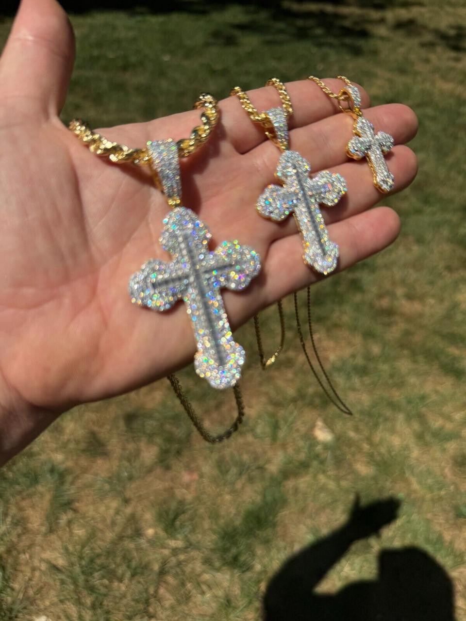 MOISSANITE Baguette Gothic Iced Out Cross Pendant - 14k Gold Vermeil 925 Silver - 3 Sizes 1.5"-3"