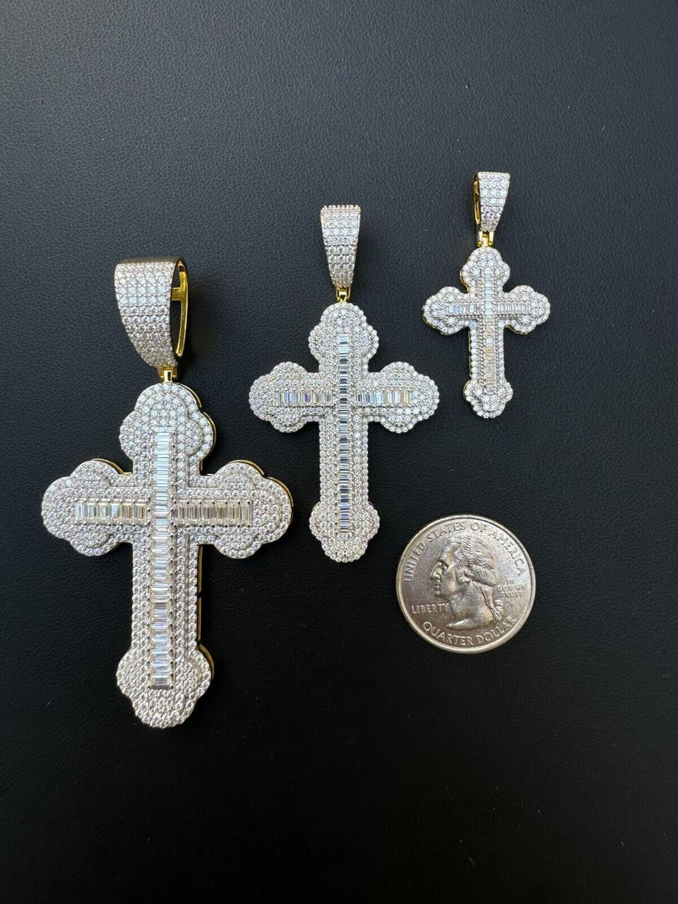 MOISSANITE Baguette Gothic Iced Out Cross Pendant - 14k Gold Vermeil 925 Silver - 3 Sizes 1.5"-3"
