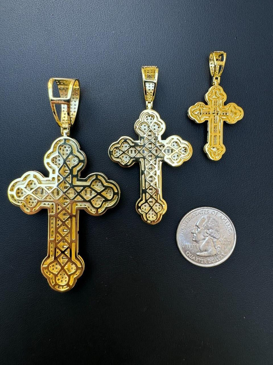 MOISSANITE Baguette Gothic Iced Out Cross Pendant - 14k Gold Vermeil 925 Silver - 3 Sizes 1.5"-3"