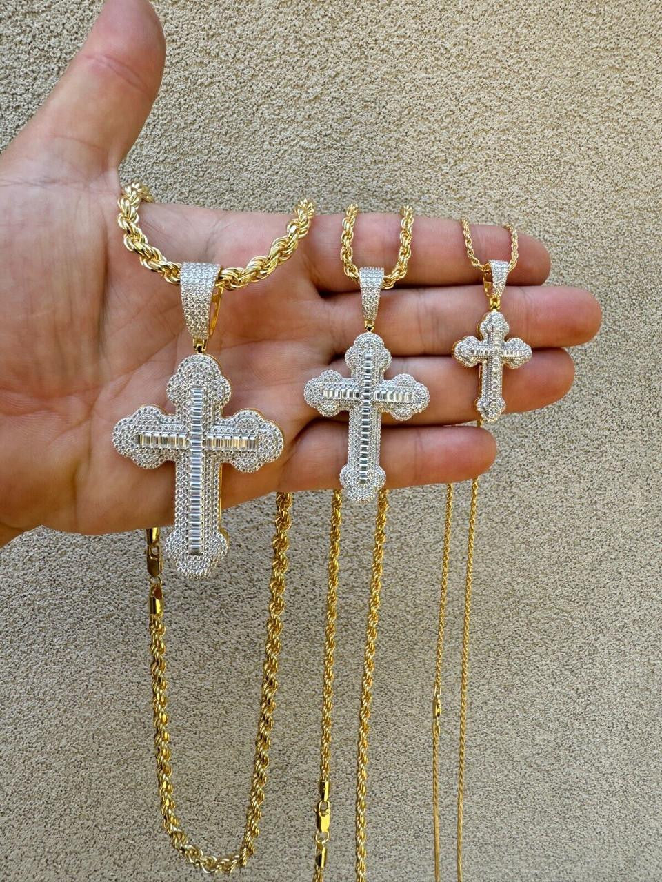 MOISSANITE Baguette Gothic Iced Out Cross Pendant - 14k Gold Vermeil 925 Silver - 3 Sizes 1.5"-3"
