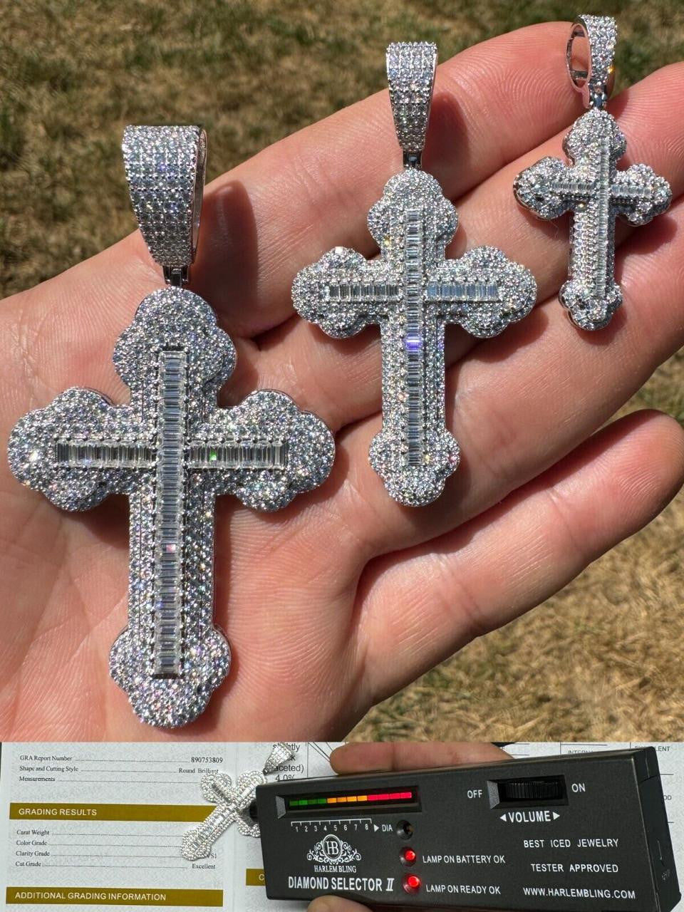 MOISSANITE Baguette Gothic Iced Out Cross Pendant - 925 Silver - 3 Sizes 1.5"-3"