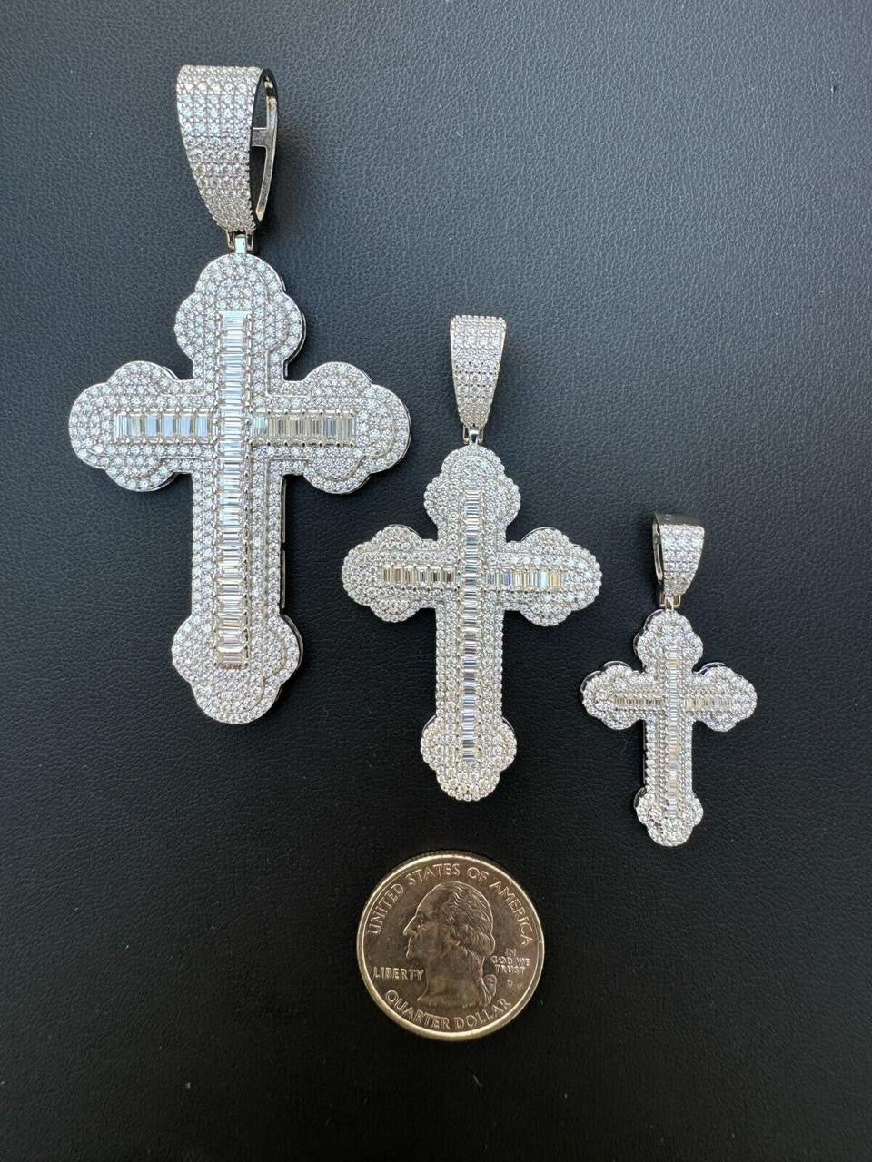MOISSANITE Baguette Gothic Iced Out Cross Pendant - 925 Silver - 3 Sizes 1.5"-3"