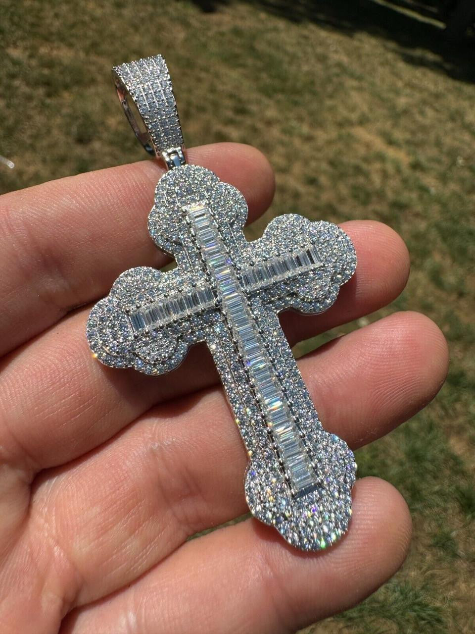 MOISSANITE Baguette Gothic Iced Out Cross Pendant - 925 Silver - 3 Sizes 1.5"-3"