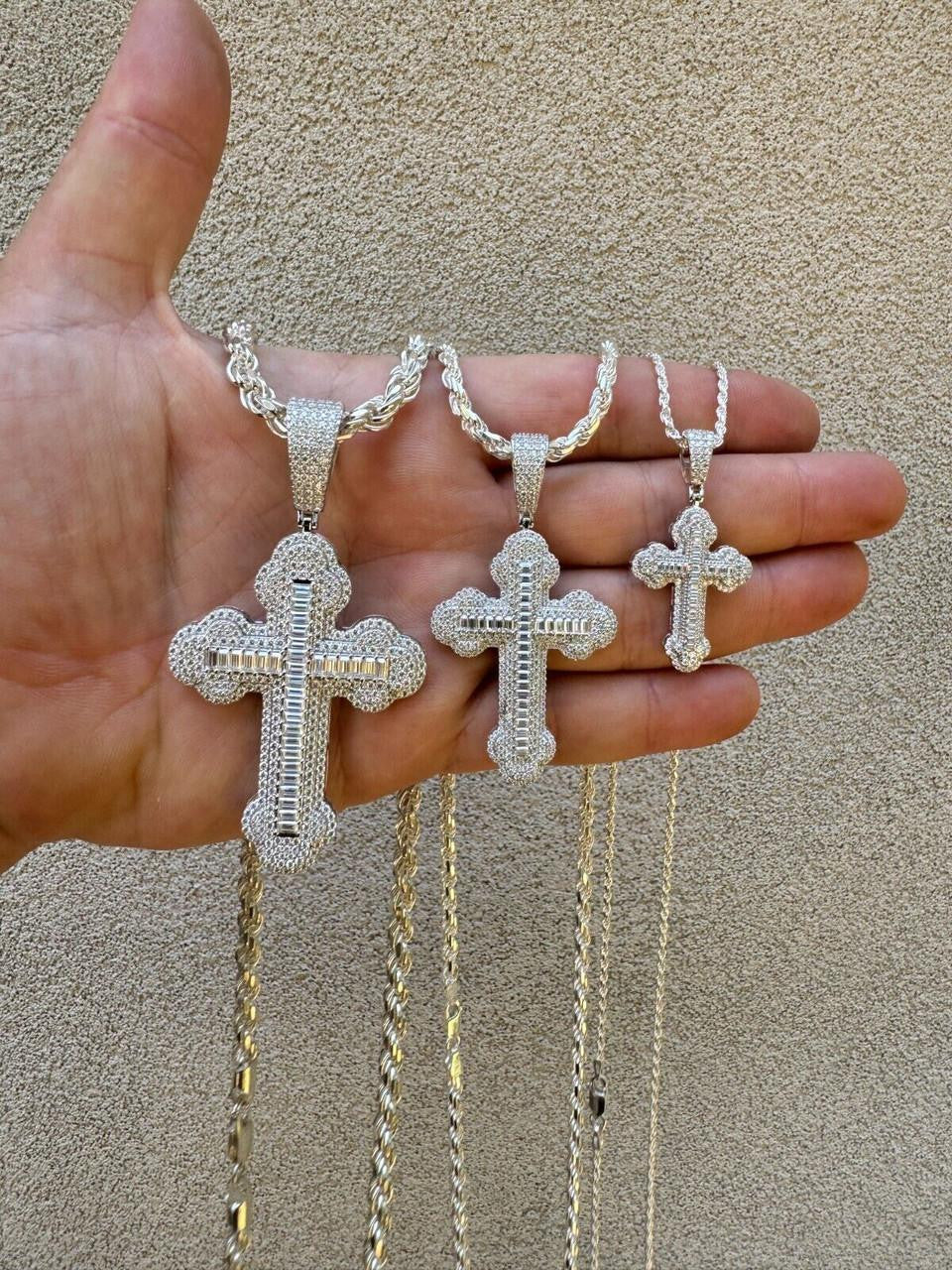 MOISSANITE Baguette Gothic Iced Out Cross Pendant - 925 Silver - 3 Sizes 1.5"-3"