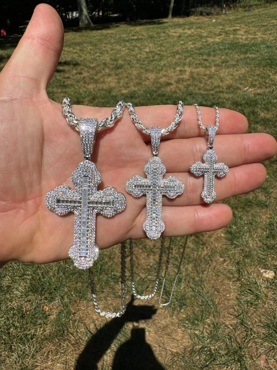 MOISSANITE Baguette Gothic Iced Out Cross Pendant - 925 Silver - 3 Sizes 1.5"-3"