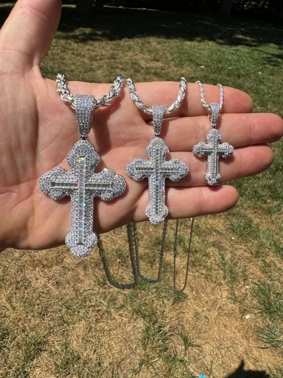 MOISSANITE Baguette Gothic Iced Out Cross Pendant - 925 Silver - 3 Sizes 1.5"-3"