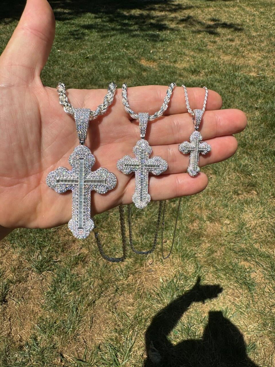 MOISSANITE Baguette Gothic Iced Out Cross Pendant - 925 Silver - 3 Sizes 1.5"-3"
