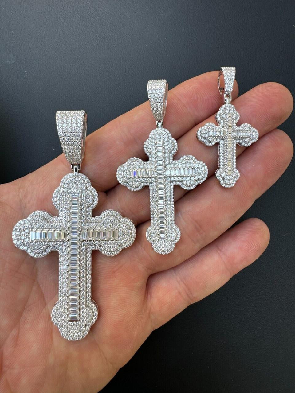 MOISSANITE Baguette Gothic Iced Out Cross Pendant - 925 Silver - 3 Sizes 1.5"-3"