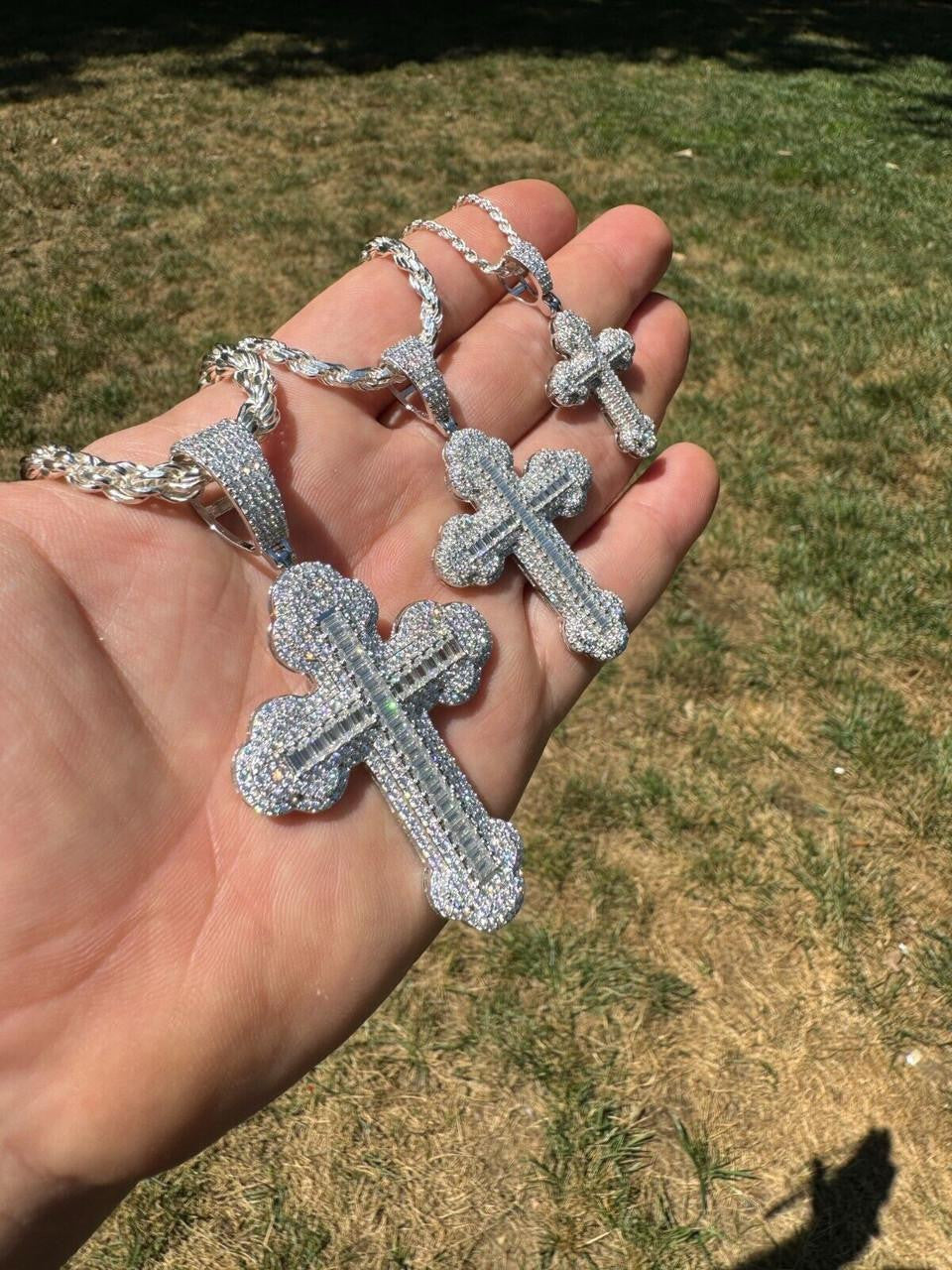 MOISSANITE Baguette Gothic Iced Out Cross Pendant - 925 Silver - 3 Sizes 1.5"-3"