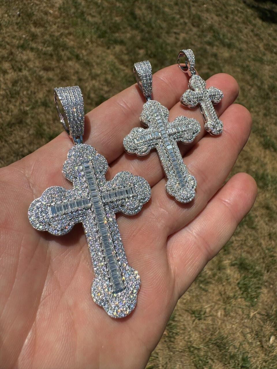 MOISSANITE Baguette Gothic Iced Out Cross Pendant - 925 Silver - 3 Sizes 1.5"-3"