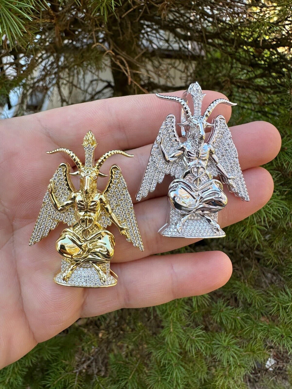 MOISSANITE Baphomet Devil Goat Satan Pentagram Pendant - 14k Gold Vermeil Or 925 Silver - Medium 2"