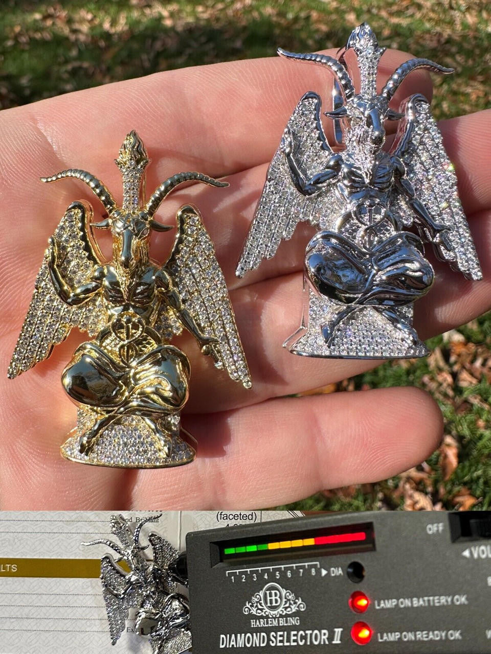 MOISSANITE Baphomet Devil Goat Satan Pentagram Pendant - 14k Gold Vermeil Or 925 Silver - Medium 2"