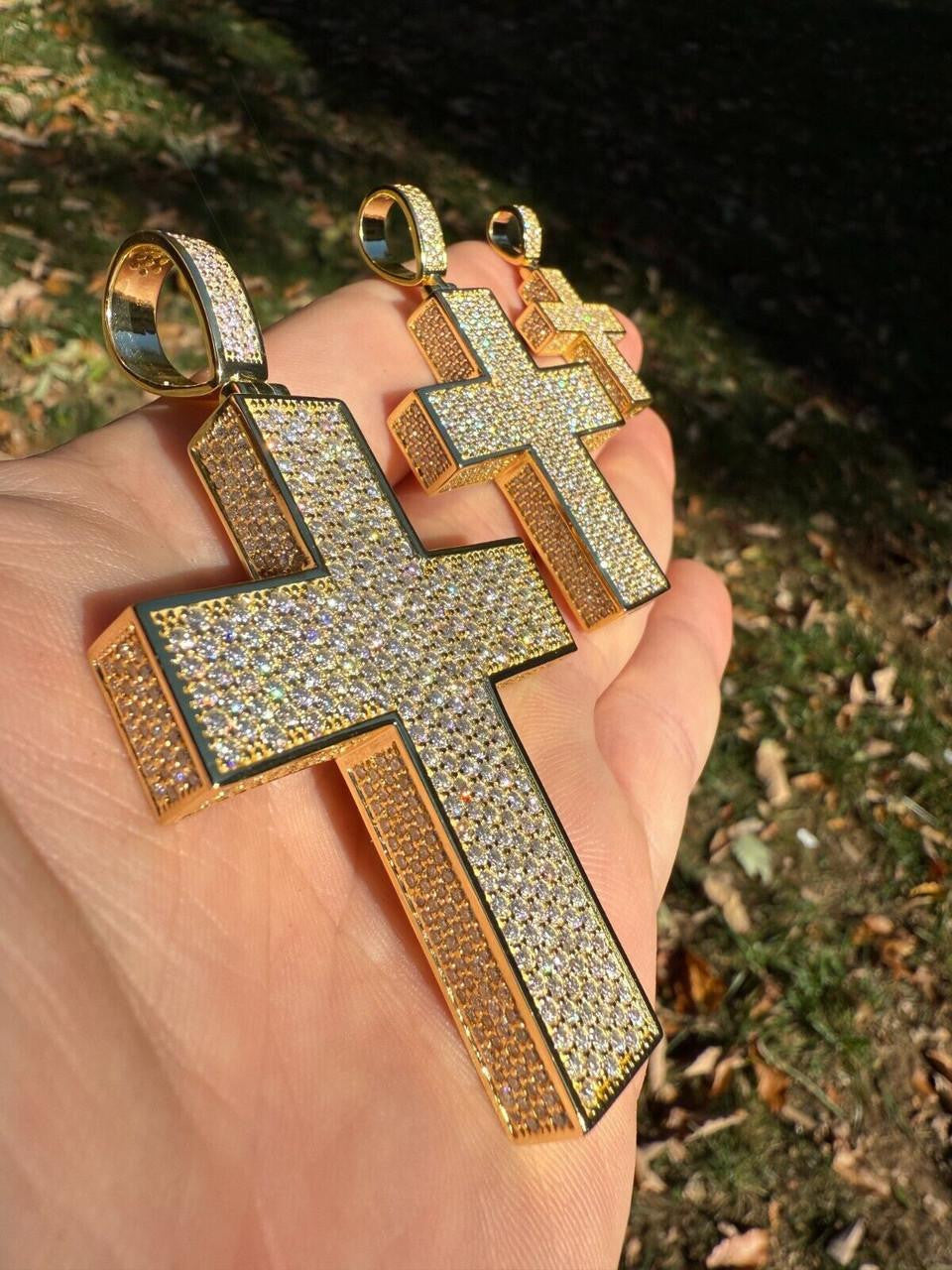 MOISSANITE Boss From All Sides 3D Iced Out Cross Pendant - 14k Gold Vermeil 925 Silver - 3 Sizes 1.25"-3.5"