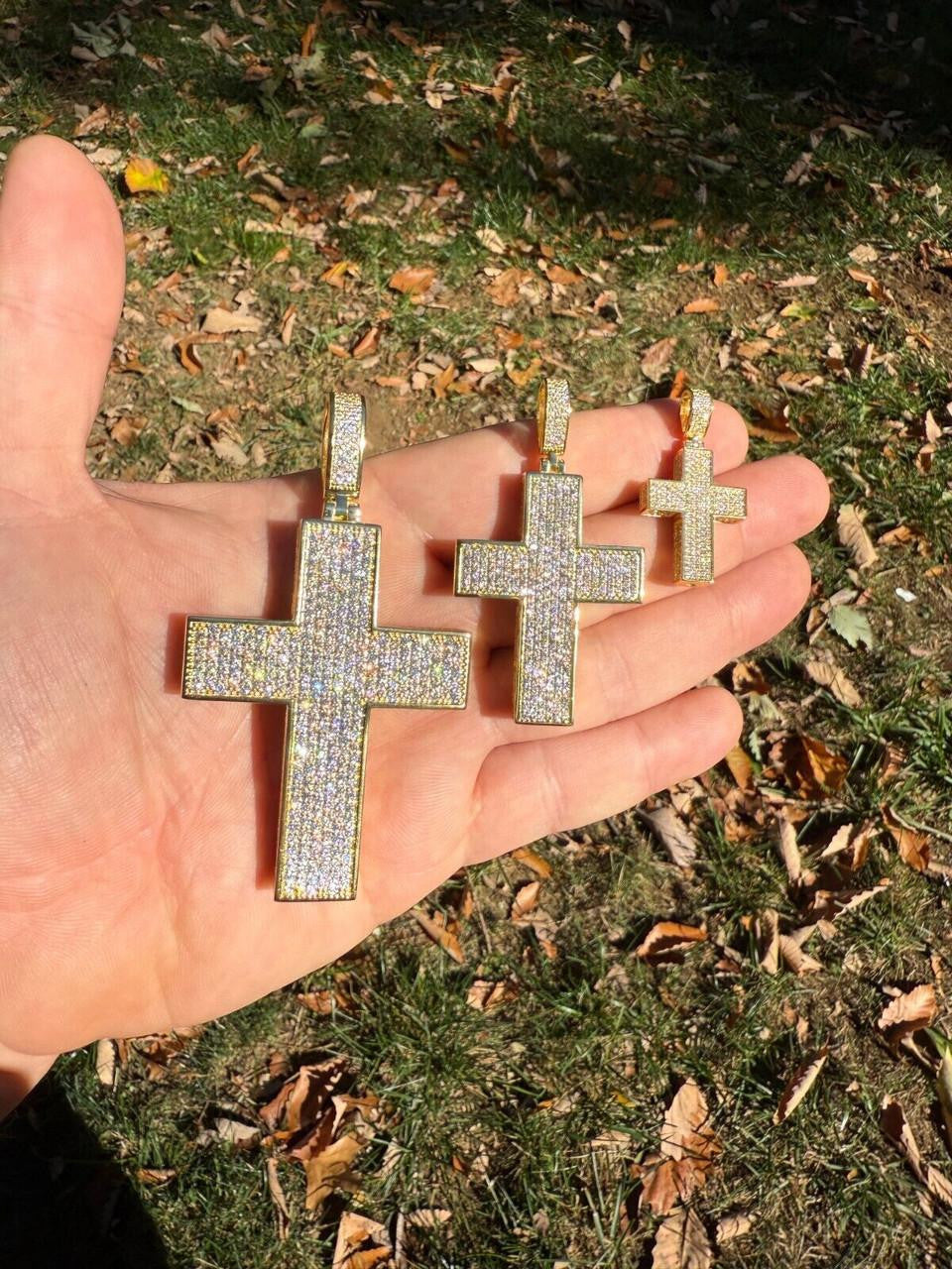 MOISSANITE Boss From All Sides 3D Iced Out Cross Pendant - 14k Gold Vermeil 925 Silver - 3 Sizes 1.25"-3.5"