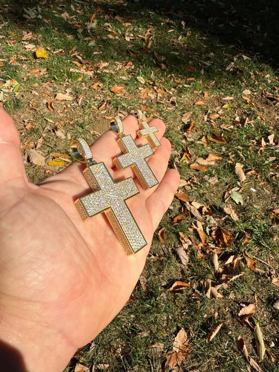 MOISSANITE Boss From All Sides 3D Iced Out Cross Pendant - 14k Gold Vermeil 925 Silver - 3 Sizes 1.25"-3.5"