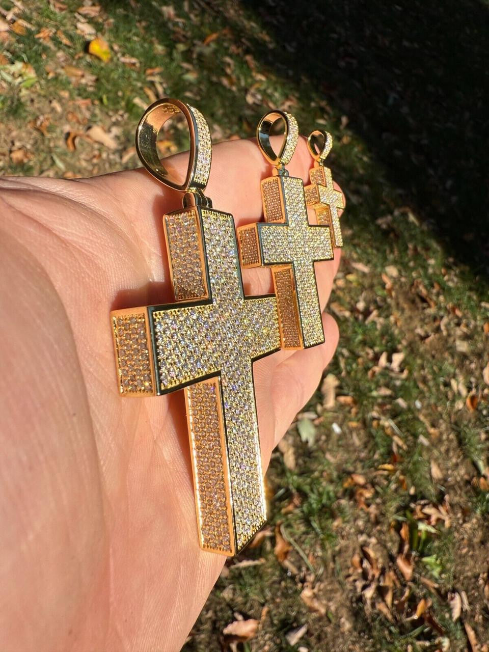 MOISSANITE Boss From All Sides 3D Iced Out Cross Pendant - 14k Gold Vermeil 925 Silver - 3 Sizes 1.25"-3.5"