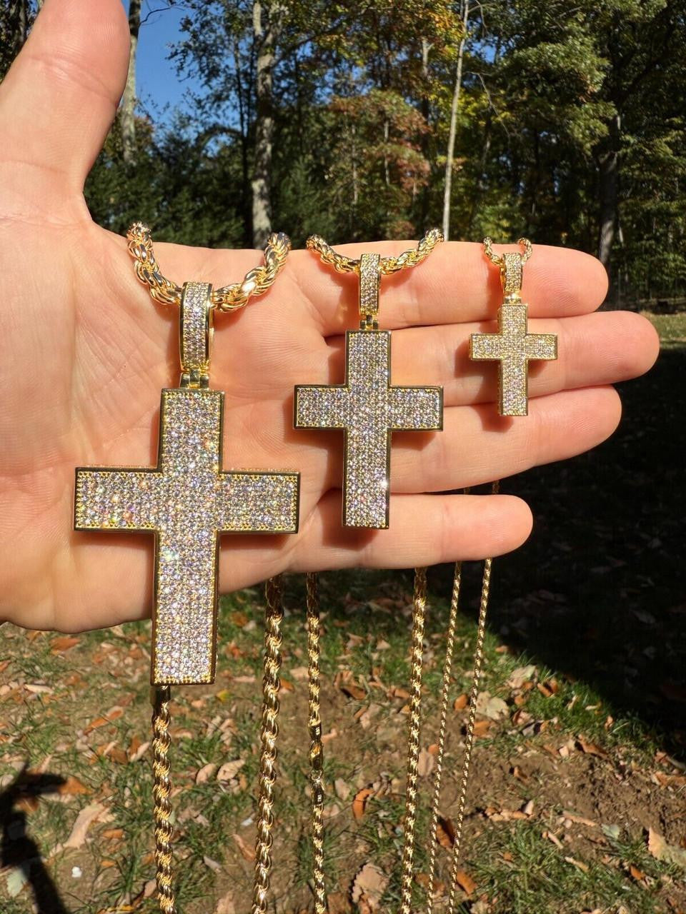 MOISSANITE Boss From All Sides 3D Iced Out Cross Pendant - 14k Gold Vermeil 925 Silver - 3 Sizes 1.25"-3.5"