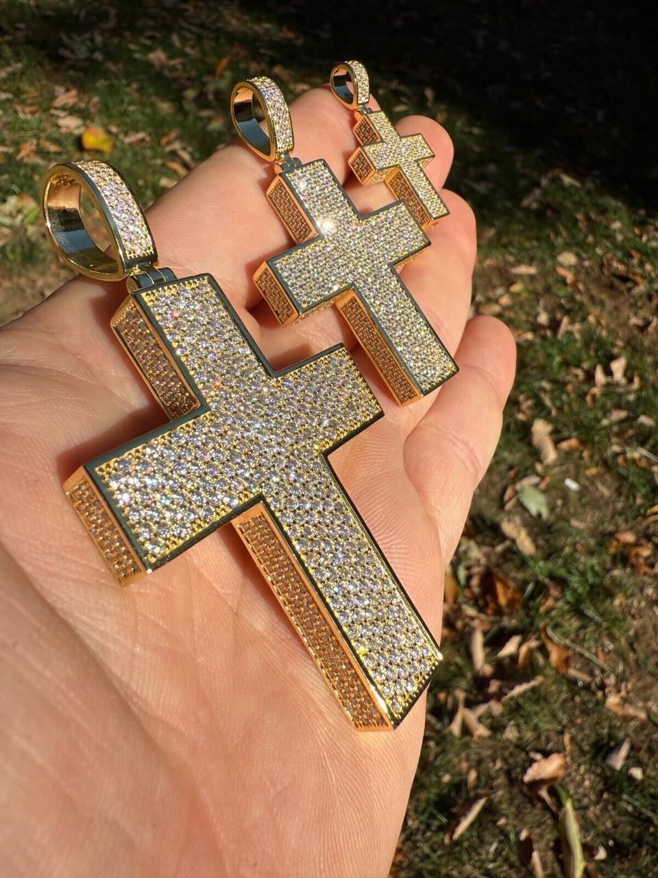 MOISSANITE Boss From All Sides 3D Iced Out Cross Pendant - 14k Gold Vermeil 925 Silver - 3 Sizes 1.25"-3.5"