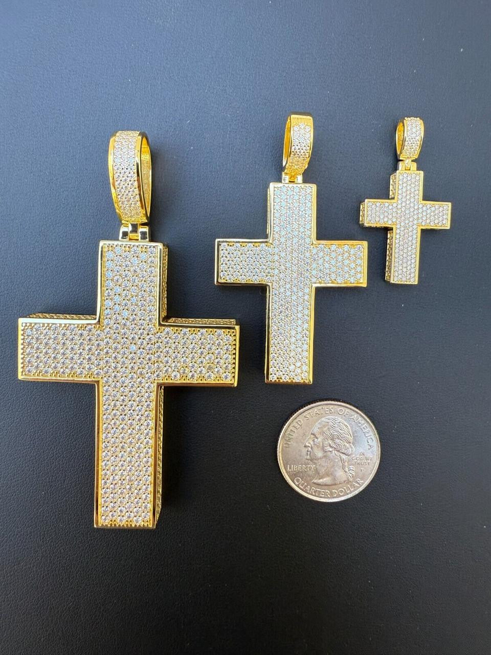 MOISSANITE Boss From All Sides 3D Iced Out Cross Pendant - 14k Gold Vermeil 925 Silver - 3 Sizes 1.25"-3.5"