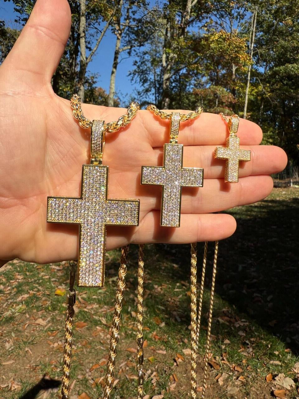 MOISSANITE Boss From All Sides 3D Iced Out Cross Pendant - 14k Gold Vermeil 925 Silver - 3 Sizes 1.25"-3.5"