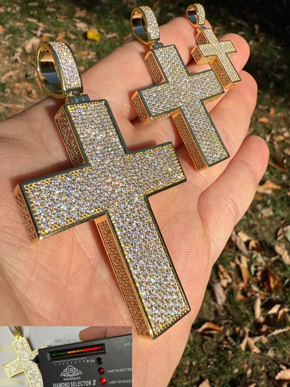 MOISSANITE Boss From All Sides 3D Iced Out Cross Pendant - 14k Gold Vermeil 925 Silver - 3 Sizes 1.25"-3.5"