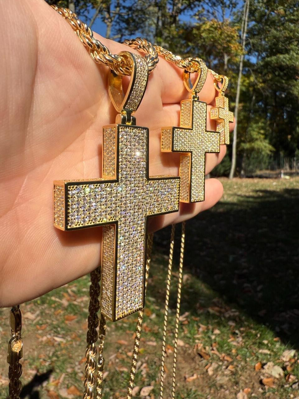 MOISSANITE Boss From All Sides 3D Iced Out Cross Pendant - 14k Gold Vermeil 925 Silver - 3 Sizes 1.25"-3.5"