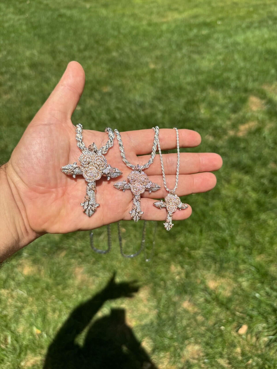 MOISSANITE Crown of Thorns Cross Pendant - 14k Rose Gold Vermeil 925 Silver  - 3 Sizes 1.5"-2.5"
