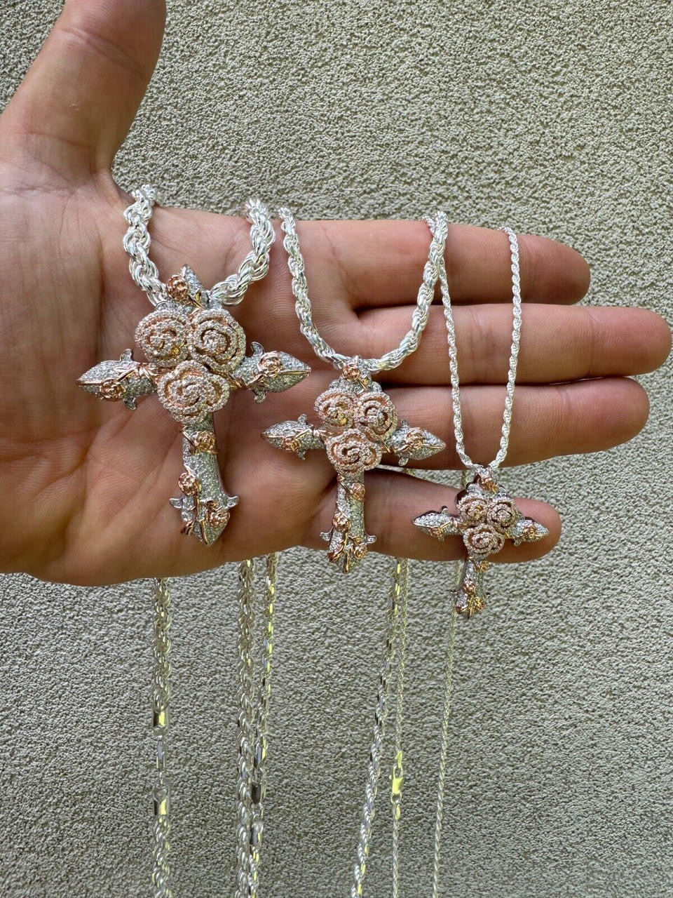MOISSANITE Crown of Thorns Cross Pendant - 14k Rose Gold Vermeil 925 Silver  - 3 Sizes 1.5"-2.5"
