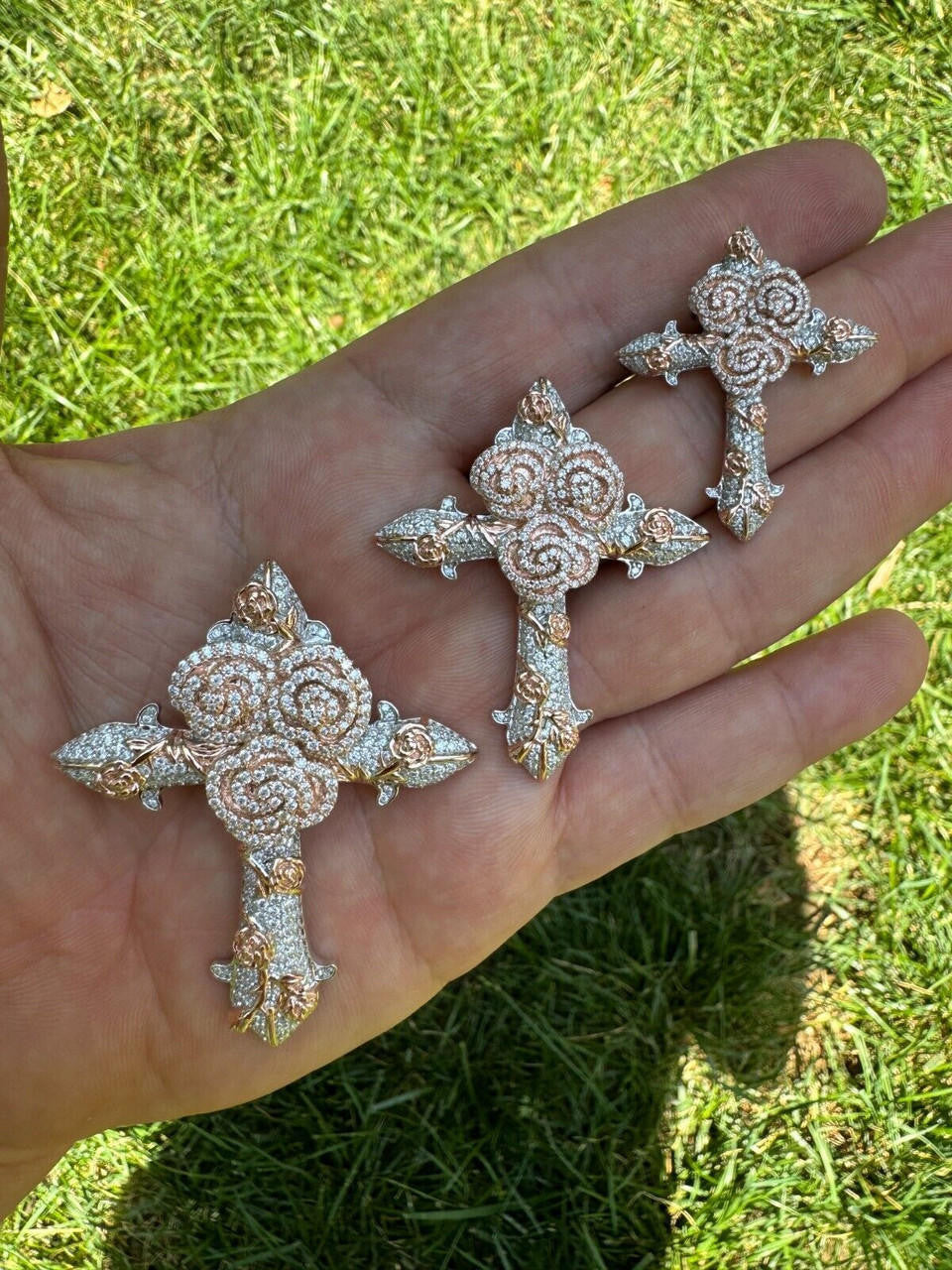 MOISSANITE Crown of Thorns Cross Pendant - 14k Rose Gold Vermeil 925 Silver  - 3 Sizes 1.5"-2.5"