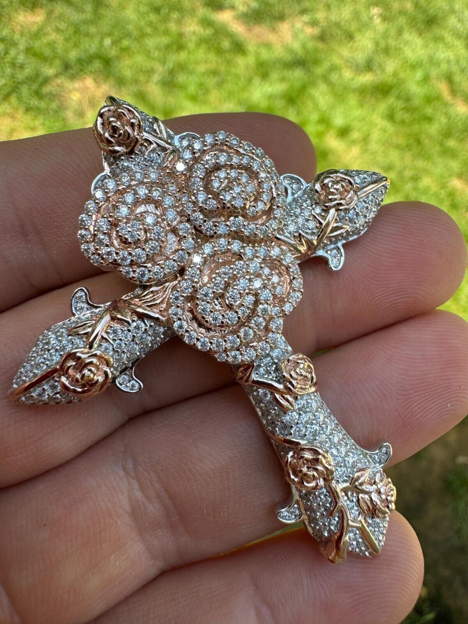 MOISSANITE Crown of Thorns Cross Pendant - 14k Rose Gold Vermeil 925 Silver  - 3 Sizes 1.5"-2.5"
