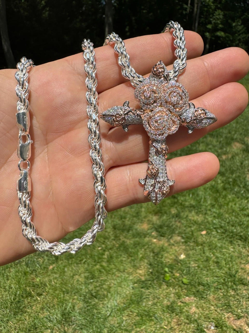 MOISSANITE Crown of Thorns Cross Pendant - 14k Rose Gold Vermeil 925 Silver  - 3 Sizes 1.5"-2.5"