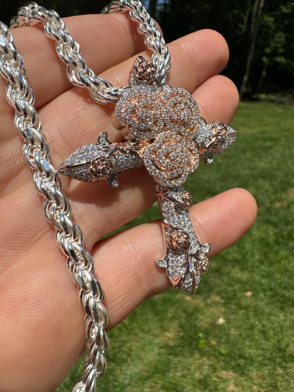 MOISSANITE Crown of Thorns Cross Pendant - 14k Rose Gold Vermeil 925 Silver  - 3 Sizes 1.5"-2.5"