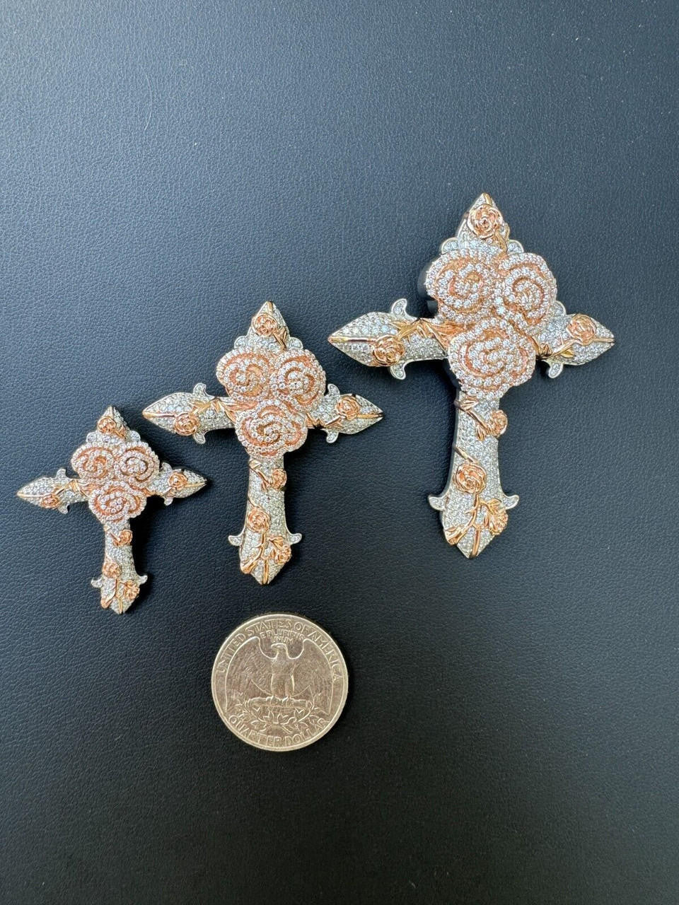 MOISSANITE Crown of Thorns Cross Pendant - 14k Rose Gold Vermeil 925 Silver  - 3 Sizes 1.5"-2.5"