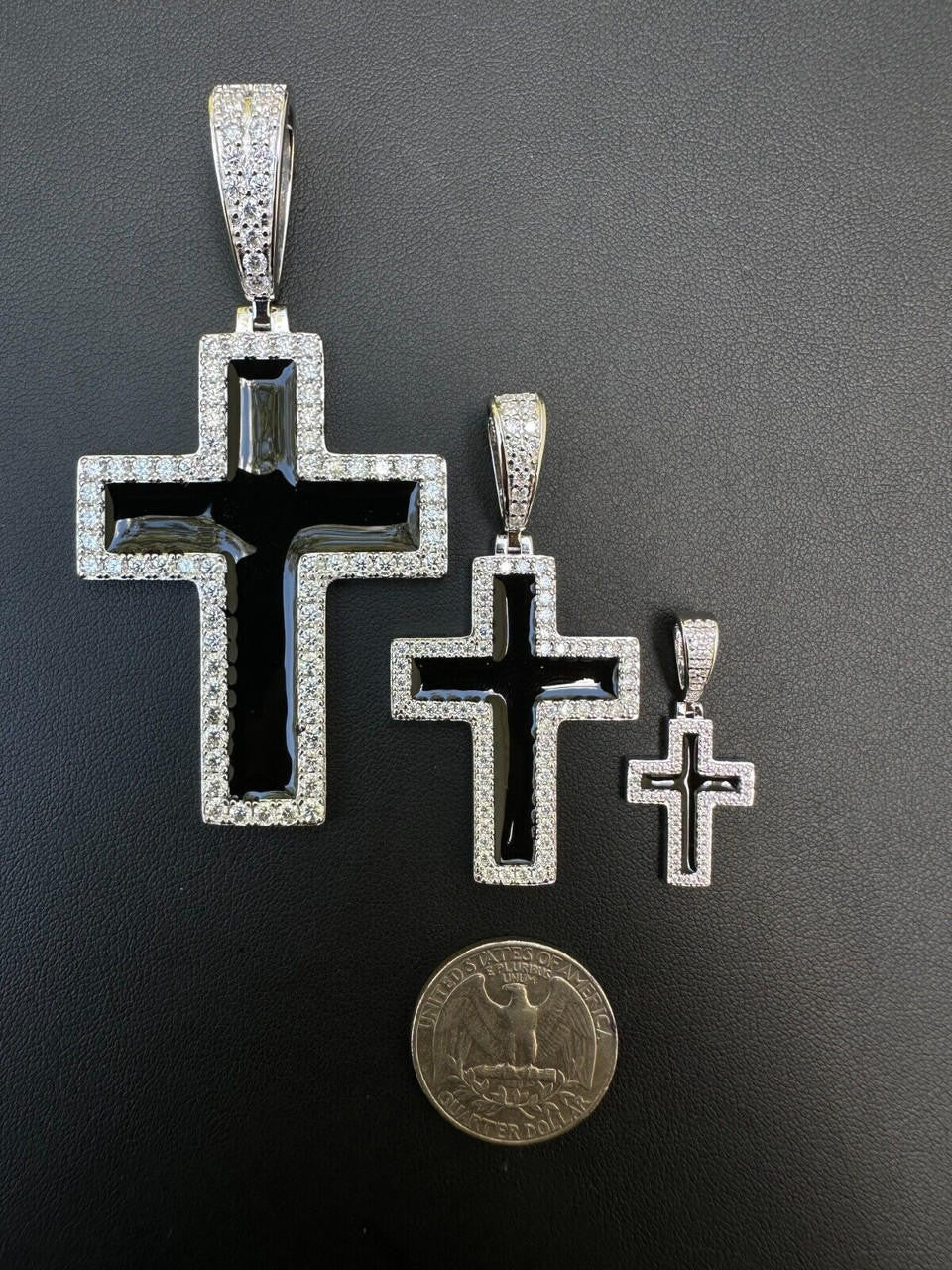 MOISSANITE Cross Black Enamel Pendant - 925 Silver - 3 Sizes - 1.25"-2.75"