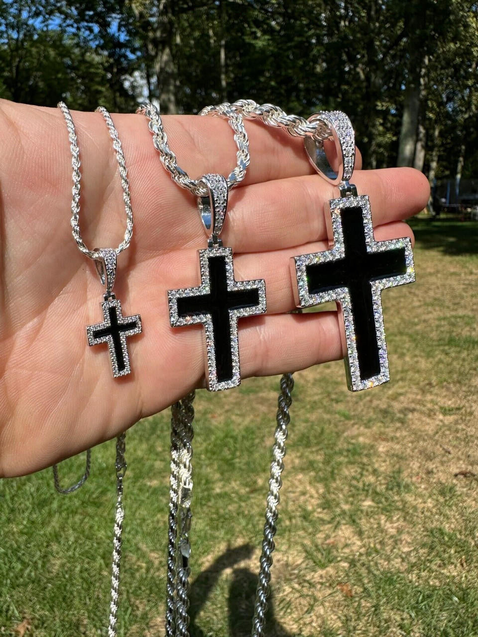MOISSANITE Cross Black Enamel Pendant - 925 Silver - 3 Sizes - 1.25"-2.75"