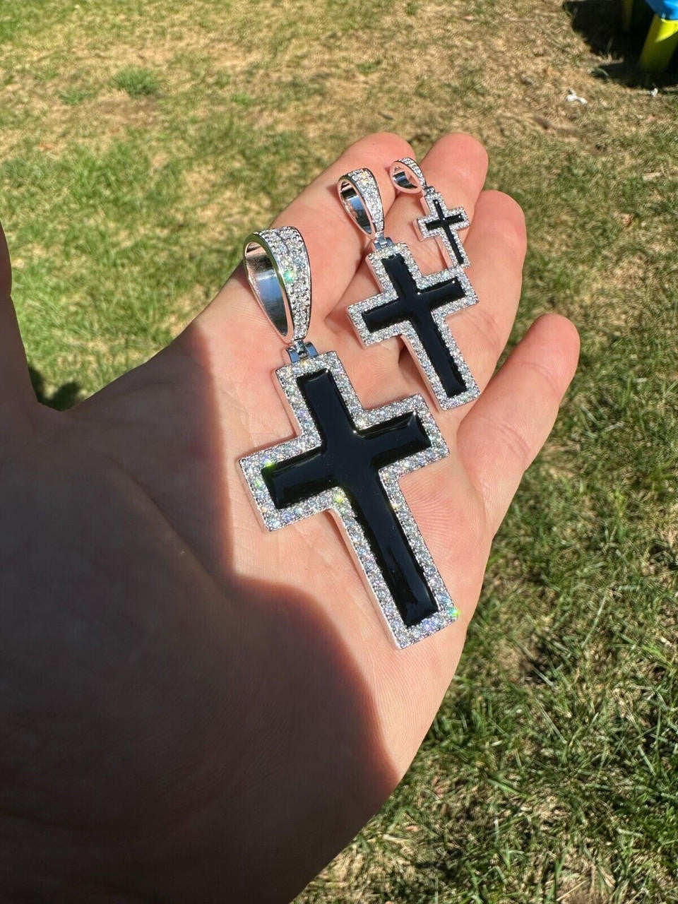 MOISSANITE Cross Black Enamel Pendant - 925 Silver - 3 Sizes - 1.25"-2.75"