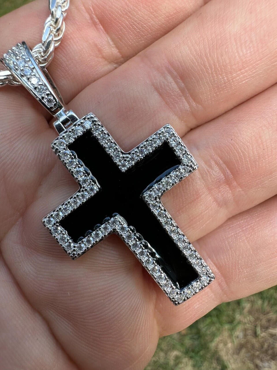 MOISSANITE Cross Black Enamel Pendant - 925 Silver - 3 Sizes - 1.25"-2.75"