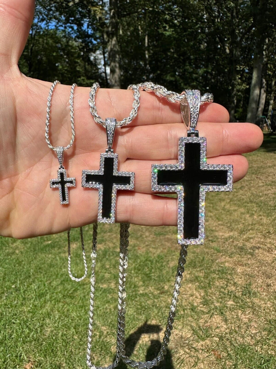 MOISSANITE Cross Black Enamel Pendant - 925 Silver - 3 Sizes - 1.25"-2.75"