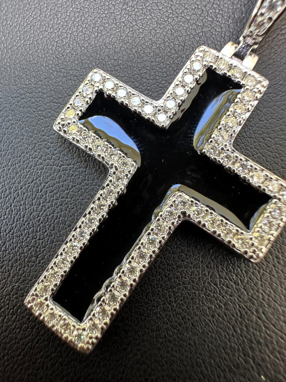 MOISSANITE Cross Black Enamel Pendant - 925 Silver - 3 Sizes - 1.25"-2.75"