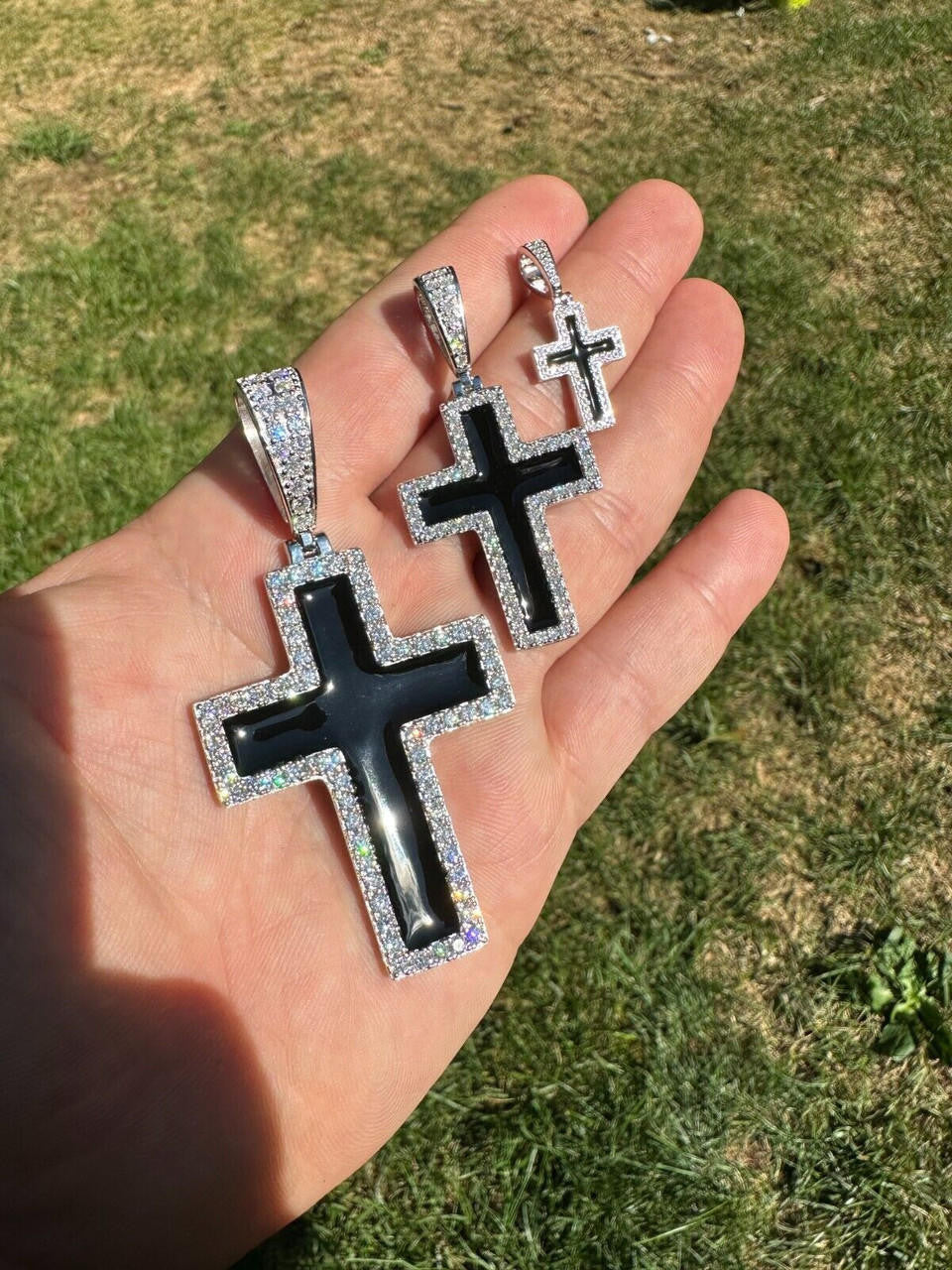 MOISSANITE Cross Black Enamel Pendant - 925 Silver - 3 Sizes - 1.25"-2.75"