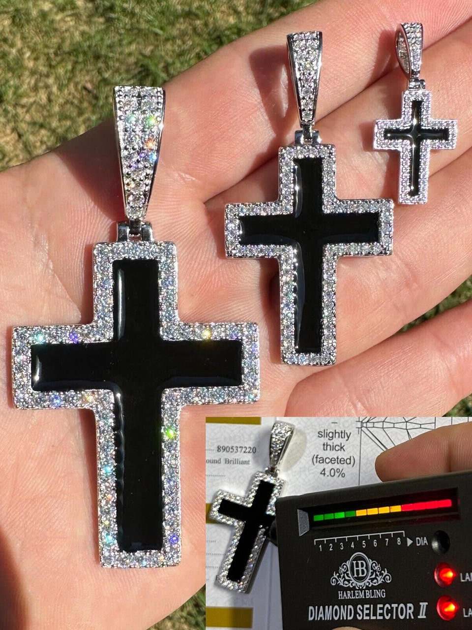 MOISSANITE Cross Black Enamel Pendant - 925 Silver - 3 Sizes - 1.25"-2.75"