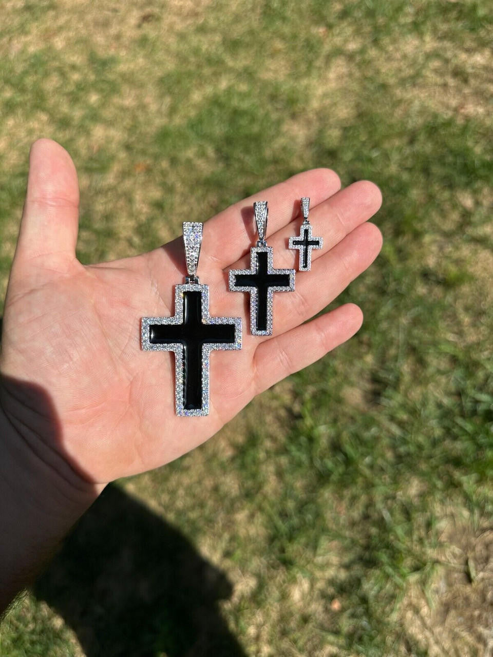 MOISSANITE Cross Black Enamel Pendant - 925 Silver - 3 Sizes - 1.25"-2.75"