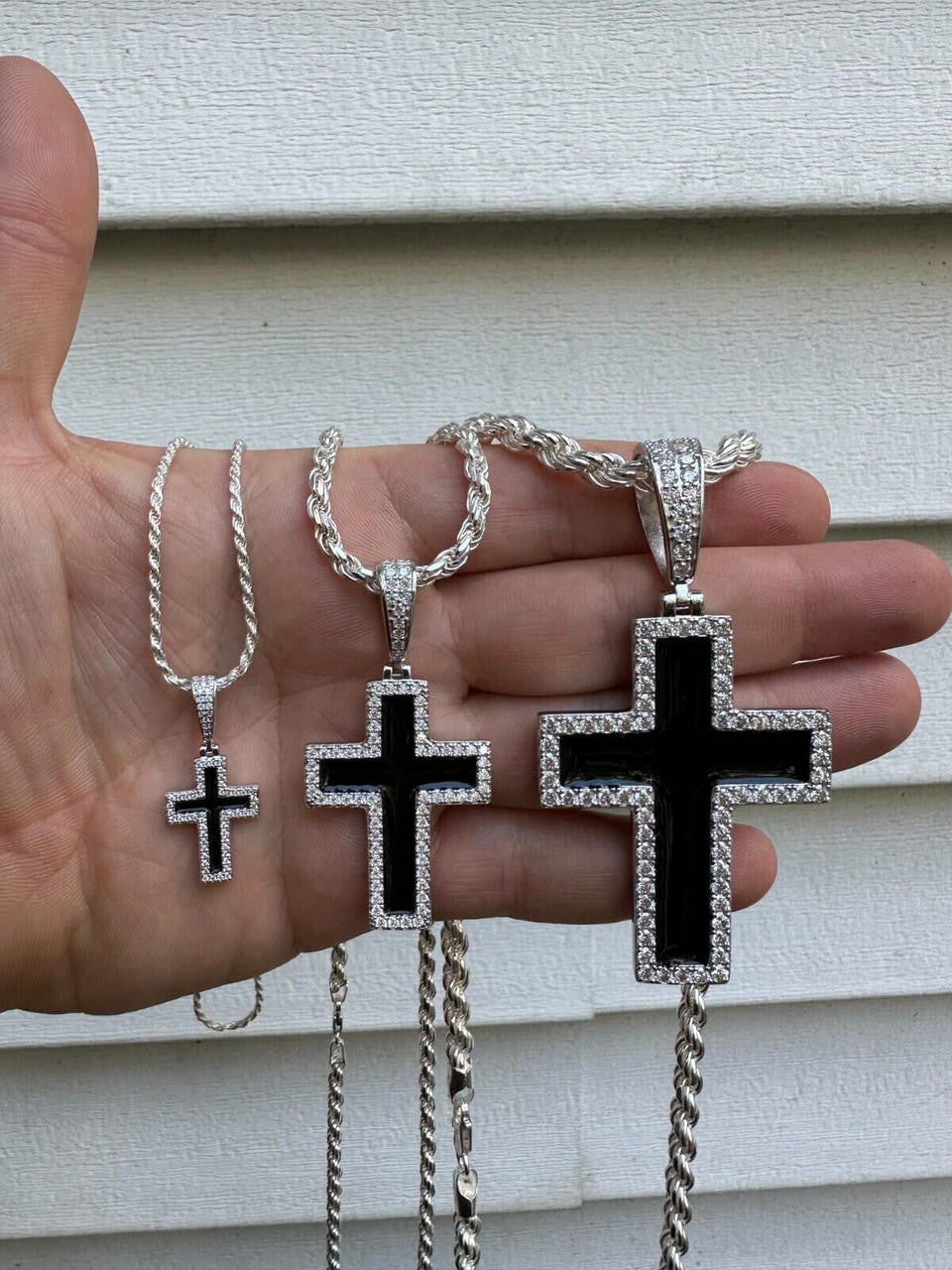 MOISSANITE Cross Black Enamel Pendant - 925 Silver - 3 Sizes - 1.25"-2.75"