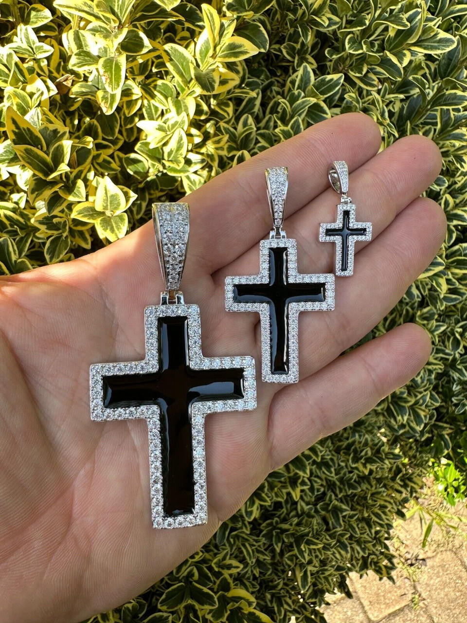 MOISSANITE Cross Black Enamel Pendant - 925 Silver - 3 Sizes - 1.25"-2.75"