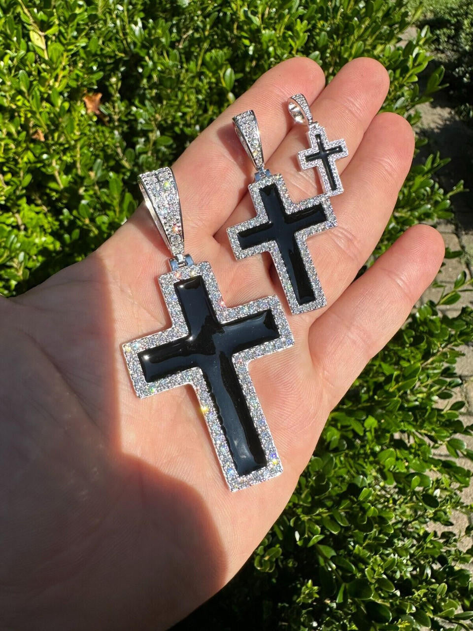 MOISSANITE Cross Black Enamel Pendant - 925 Silver - 3 Sizes - 1.25"-2.75"