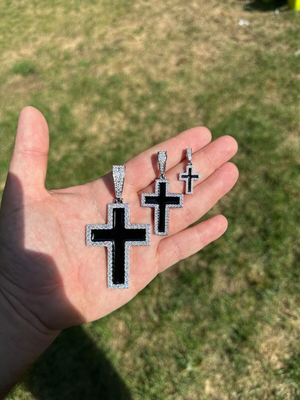 MOISSANITE Cross Black Enamel Pendant - 925 Silver - 3 Sizes - 1.25"-2.75"