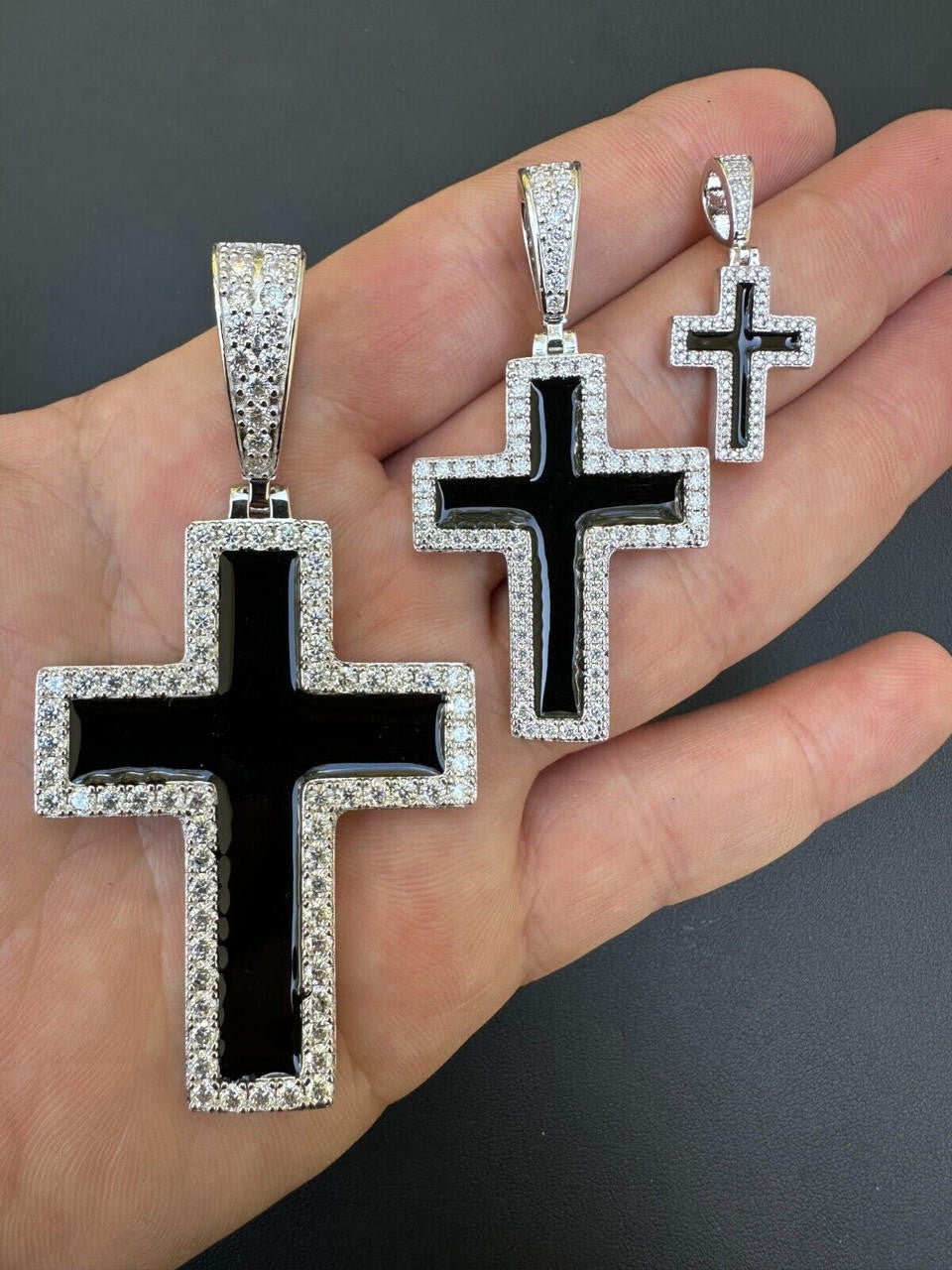 MOISSANITE Cross Black Enamel Pendant - 925 Silver - 3 Sizes - 1.25"-2.75"